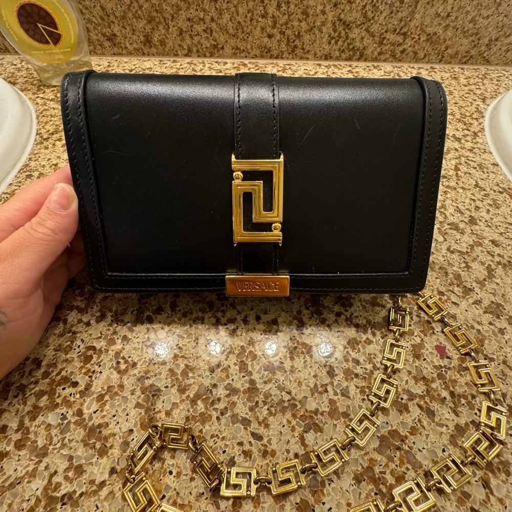 Versace Black Clutch with Gold Chain